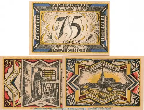 Notgeld Sparkasse Twistringen 1349.1 , Set mit 3 Scheinen in kfr. von 1921 , Niedersachsen Seriennotgeld