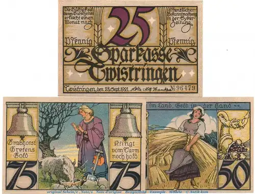 Notgeld Sparkasse Twistringen 1349.2 , Set mit 3 Scheinen in kfr. von 1921 , Niedersachsen Seriennotgeld
