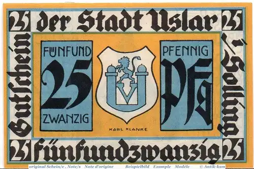 Notgeld Uslar , 25 Pfennig Schein in kfr. Mehl Grabowski 1355.1 , von 1921 , Niedersachsen Seriennotgeld