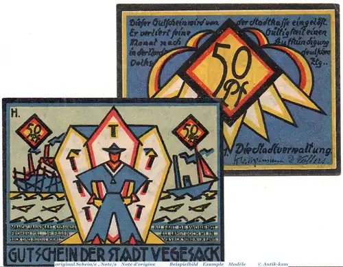 Notgeld Vegesack , Set mit 2 Scheinen in kfr. Mehl Grabowski 1359.1 , von 1921 , Niedersachsen Seriennotgeld