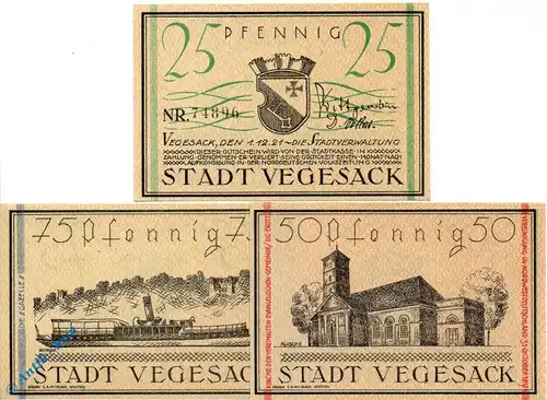 Notgeld Vegesack , Set mit 3 Scheinen kfr. Mehl Grabowski 1359.2 , von 1921 , Bremen Seriennotgeld