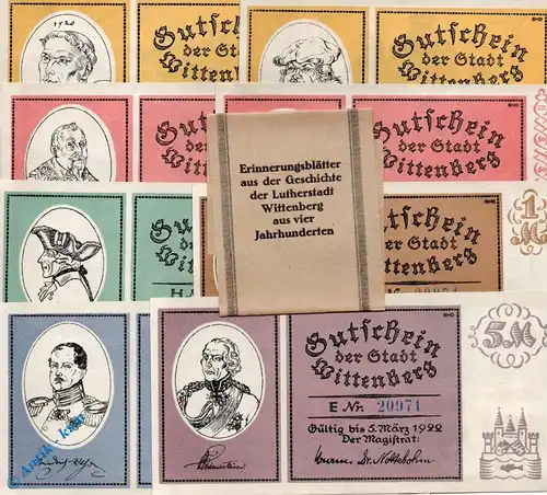 Notgeld Wittenberg , Set mit 8 Scheinen und Streifband , Mehl Grabowski 1443.3 , von 1922 , Sachsen Anhalt Serien Notgeld