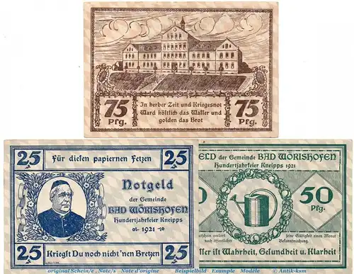 Notgeld Gemeinde Bad Wörishofen 1449.1 , Set mit 3 Scheinen in kfr. o.D. Bayern Seriennotgeld