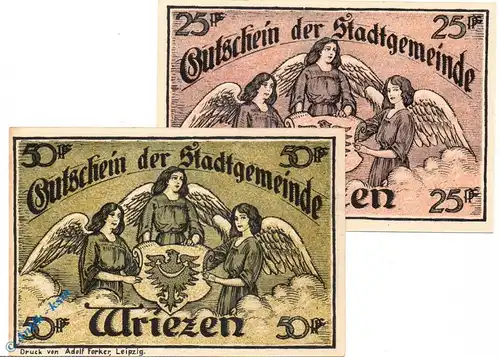 Notgeld Wriezen , Stadt , Set mit 2 Scheinen , Mehl Grabowski 1456.1 , von 1921 , Brandenburg Seriennotgeld