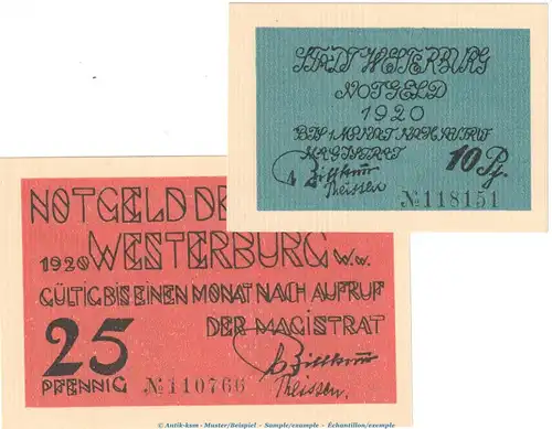 Notgeld Stadt Westerburg 1412.1 , Set mit 2 Scheinen in kfr. von 1920 , Hessen Seriennotgeld