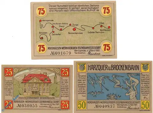 Notgeld Wernigerode , Eisenbahn , Set mit 3 Scheinen kfr , Mehl Grabowski 1406.1 , von 1921 , Sachsen Anhalt Seriennotgeld