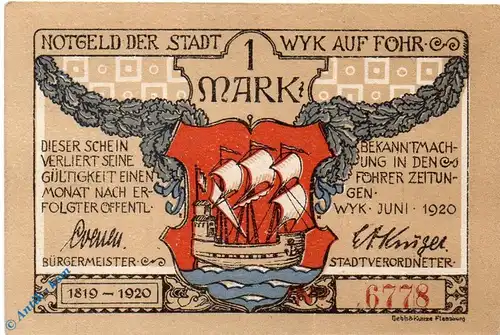 Notgeld Stadt Wyk auf Föhr 1462.1 , 1 Mark Schein in kfr. von 1920 , Schleswig Holstein Seriennotgeld