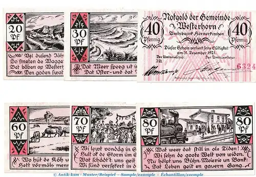 Notgeld Gemeinde Westerhorn 1414.1 , Set mit 6 Scheinen in kfr. o.D. Schleswig Holstein Seriennotgeld