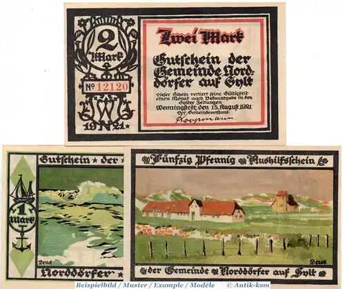 Notgeld Wenningstedt Sylt , Set mit 3 Scheinen in kfr. Mehl Grabowski 1405.1 , von 1921 , Schleswig Holstein Seriennotgeld