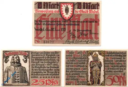 Notgeld Wedel , Set mit 3 Scheinen , Mehl Grabowski 1387.1 , von 1921 , Schleswig Holstein Seriennotgeld