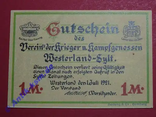 Notgeld Westerland Sylt , Verein der Krieger und Kampfgenossen , Schleswig Holstein , vollständiger Satz mit 1 Schein , Seriennotgeld , 1419.2 C , von 1921