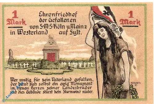 Notgeld Westerland Sylt , Krieger und Kampfgenossen , 1 Mark Schein in kfr. von 1921 , Schleswig Holstein Seriennotgeld