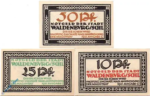 Notgeld Waldenburg , Set mit 3 Scheinen , Mehl Grabowski 1371.15 , von 1921 , Schlesien Seriennotgeld