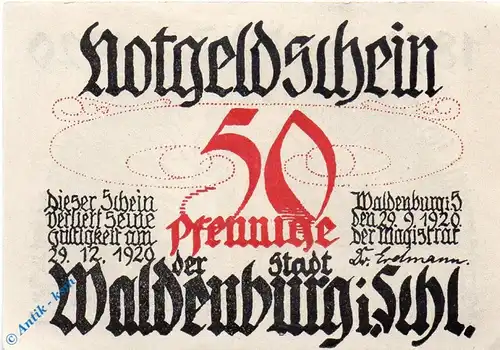 Notgeld Waldenburg , 50 Pfennig Schein , Mehl Grabowski 1371.5 b , von 1920 , Schlesien Serien Notgeld