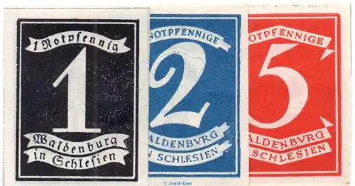 Notgeld Stadt Waldenburg 1371.11 , Set mit 3 Scheinen in kfr. von 1921 , Schlesien Seriennotgeld