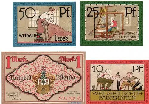 Notgeld Stadt Weida 1391.1 , Industrie Set mit 4 Scheinen in kfr. von 1921 , Thüringen Seriennotgeld
