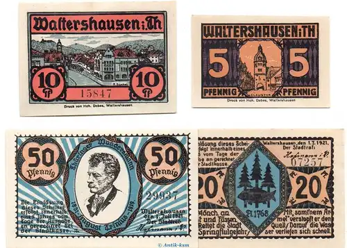 Notgeld Stadt Waltershausen 1374.1 , Set mit 4 Scheinen in kfr. von 1921 , Thüringen Seriennotgeld