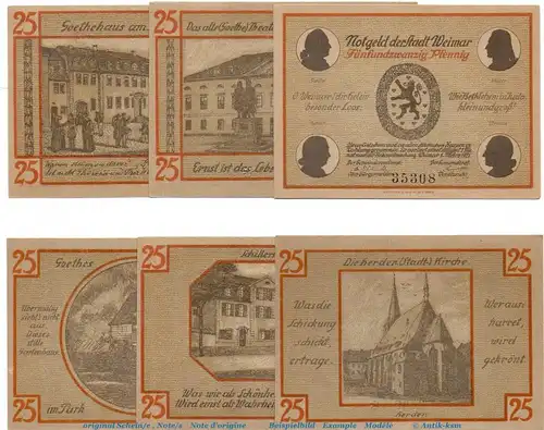 Notgeld Stadt Weimar 1398.1.a , Set mit 6 Scheinen in kfr. von 1921 , Thüringen Seriennotgeld