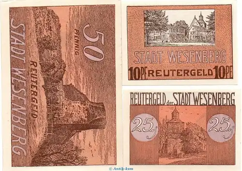 Notgeld Stadt Wesenberg 1410.2 , Reutergeld Set mit 3 Scheinen in kfr. o.D. Mecklenburg Vorpommern Seriennotgeld