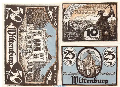 Notgeld Stadt Wittenburg 1445.1 , Reutergeld Set mit 3 Scheinen in kfr. o.D. Mecklenburg Vorpommern Seriennotgeld