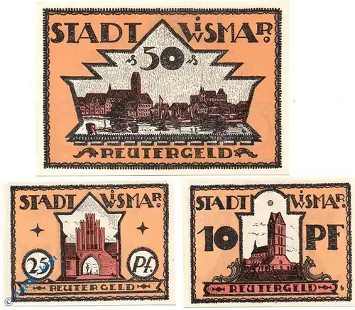 Notgeld Wismar , Reutergeld , Set mit 3 Scheinen , Mehl Grabowski 1439.1 , Mecklenburg Vorpommern Serien Notgeld