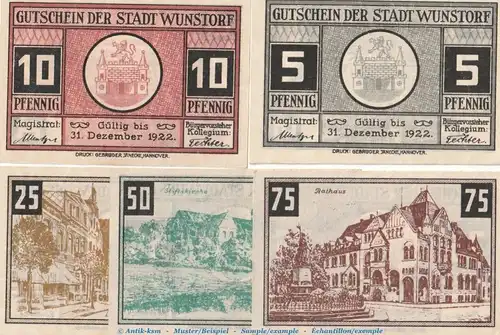 Notgeld Stadt Wunstorf 1458.2 , Set mit 5 Scheinen in kfr. o.D. Niedersachsen Seriennotgeld