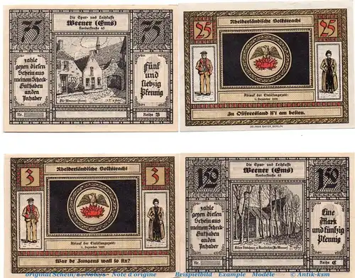 Notgeld Sparkasse Weener a. d. Ems 1389.1.b , Set mit 4 Scheinen in kfr. o.D. Niedersachsen Seriennotgeld