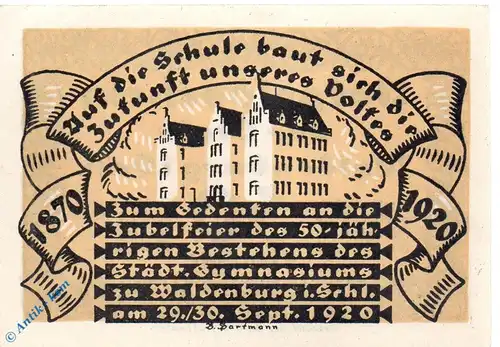 Notgeld Waldenburg 1371.8.a-b , 50 Pfennig Schein in kfr. von 1920 , Schlesien Seriennotgeld