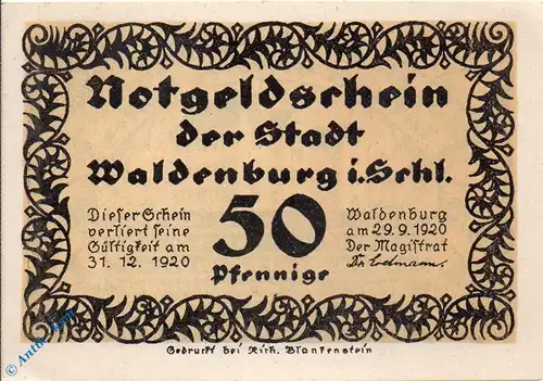 Notgeld Waldenburg 1371.8.a-b , 50 Pfennig Schein in kfr. von 1920 , Schlesien Seriennotgeld