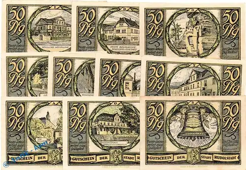 Notgeld Stadt Rudolstadt 1146.1 , Set mit 10 Scheinen -1799-  in kfr. von 1921 , Thüringen Seriennotgeld