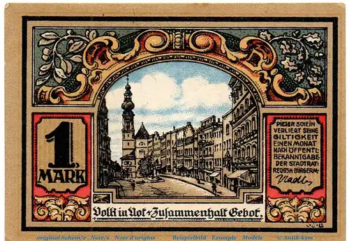 Notgeld Stadt Trostberg 1348.2 , 1 Mark Schein in kfr. von 1920 , Bayern  Seriennotgeld