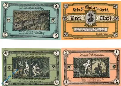 Notgeld Wattenscheid , Set mit 4 Scheinen , Mehl Grabowski 1385.1 , von 1921 , Westfalen Seriennotgeld