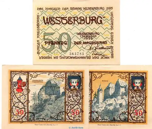 Notgeld Stadt Westerburg 1412.3 , Set mit 3 Scheinen graugrün in kfr. von 1920 , Hessen Seriennotgeld