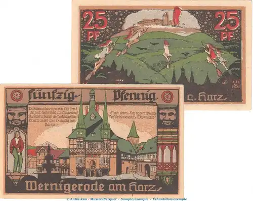 Notgeld Stadt Wernigerode 1407.1.a , Set mit 2 Scheinen -grün- in kfr. von 1920 , Sachsen Anhalt Seriennotgeld