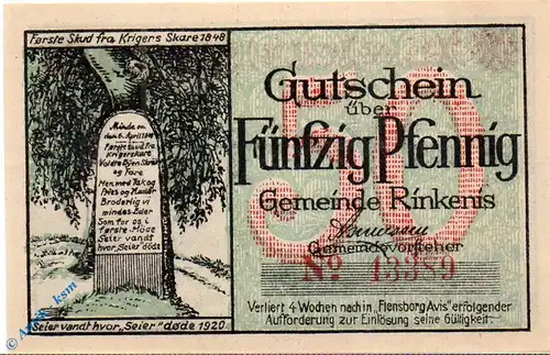 Notgeld Rinkenis , 50 Pfennig Schein , Mehl Grabowski 1124.1 , von 1920 , dänisch Nordschleswig Seriennotgeld