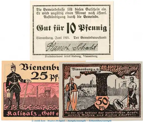 Notgeld Gemeinde Vienenburg 1361.1 , Set mit 3 Scheinen in kfr. von 1921 , Niedersachsen Seriennotgeld