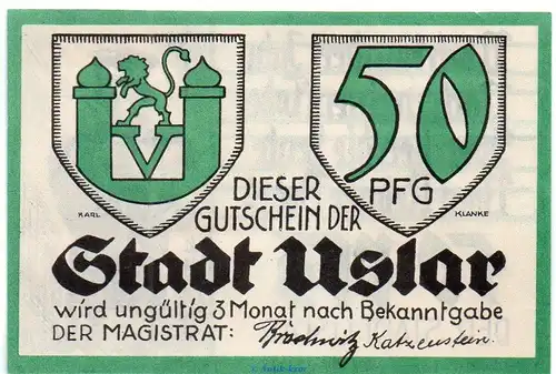 Notgeld Stadt Uslar 1355.2 , 50 Pfennig Schein in kfr. o.D. Niedersachsen  Seriennotgeld