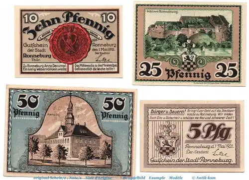 Notgeld der Stadt Ronneburg , 1133.1 Set mit 4 Scheinen in kfr. von 1921 , Thüringen Seriennotgeld