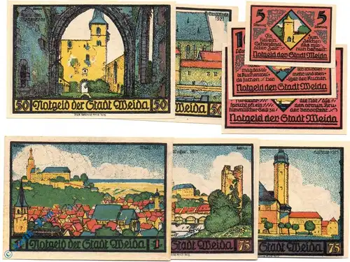 Notgeld Weida , Set mit 8 Scheinen mit -Schandmal- , Mehl Grabowski , 1391.2 , von 1921 , Thüringen Serien Notgeld