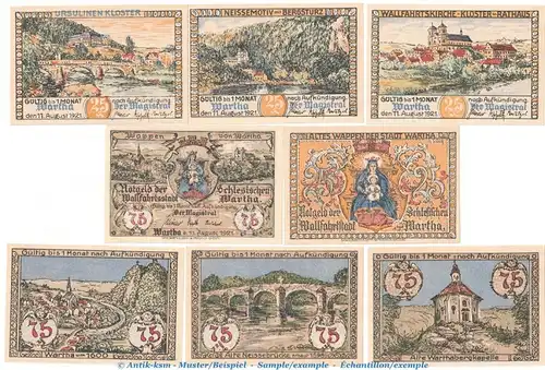Notgeld Stadt Wartha 1381.2 , Set mit 8 Scheinen in kfr. von 1921 , Schlesien Seriennotgeld