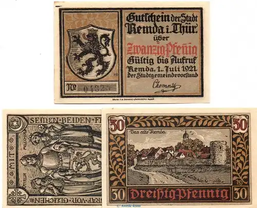 Notgeld Stadt Remda 1115.1 , Set mit 3 Scheinen in kfr. von 1921 , Thüringen Seriennotgeld