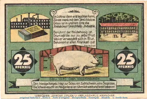 Notgeld Flecken Visselhövede 1363.1.a , 25 Pfennig Schein in kfr. von 1921 , Niedersachsen Seriennotgeld