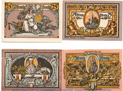 Notgeld der Stadt Rheinsberg , 1120.1 Set mit 4 Scheinen in kfr , von 1921 , Brandenburg Seriennotgeld