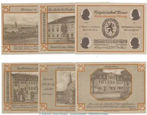 Notgeld Stadt Weimar 1398.2 , Set mit 6 Scheinen in kfr von 1921 , Thüringen Seriennotgeld