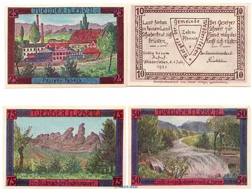 Notgeld Gemeinde Weddersleben 1386.2 , Set mit 4 Scheinen in kfr. von 1921 , Sachsen Anhalt Seriennotgeld