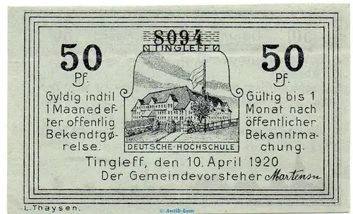 Notgeld Gemeinde Tingleff 1325.2.a , 50 Pfennig Schein in kfr. von 1920 , dänisch Nord Schleswig Seriennotgeld