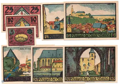 Notgeld Weida , Set mit 8 Scheinen , Mehl Grabowski 1391.2 mit 3 , von 1921 , Thüringen Serien Notgeld