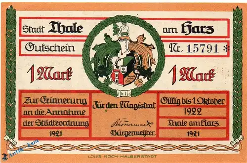 Notgeld Stadträte Thale 1320.12.b , 1 Mark Schein in kfr. o.D. Sachsen Anhalt Seriennotgeld
