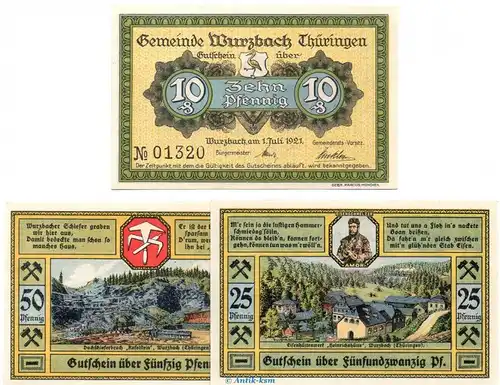 Notgeld Gemeinde Wurzbach 1459.1.a , Set mit 3 Scheinen in kfr. von 1921 , Thüringen Seriennotgeld