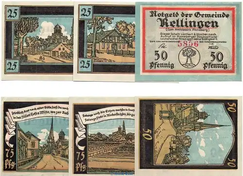 Rellingen , Notgeld Set mit 6 Scheinen in kfr. M-G 1113.1 , Schleswig Holstein o.D. Seriennotgeld
